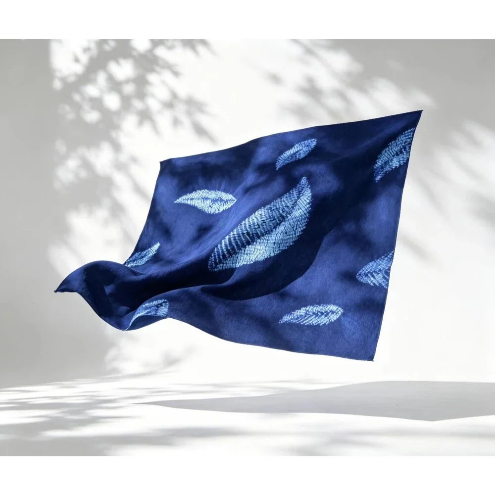 Hand-Dyed Cotton Blend Scarf | Indigo Shibori Square Scarf | Botanical Scarf